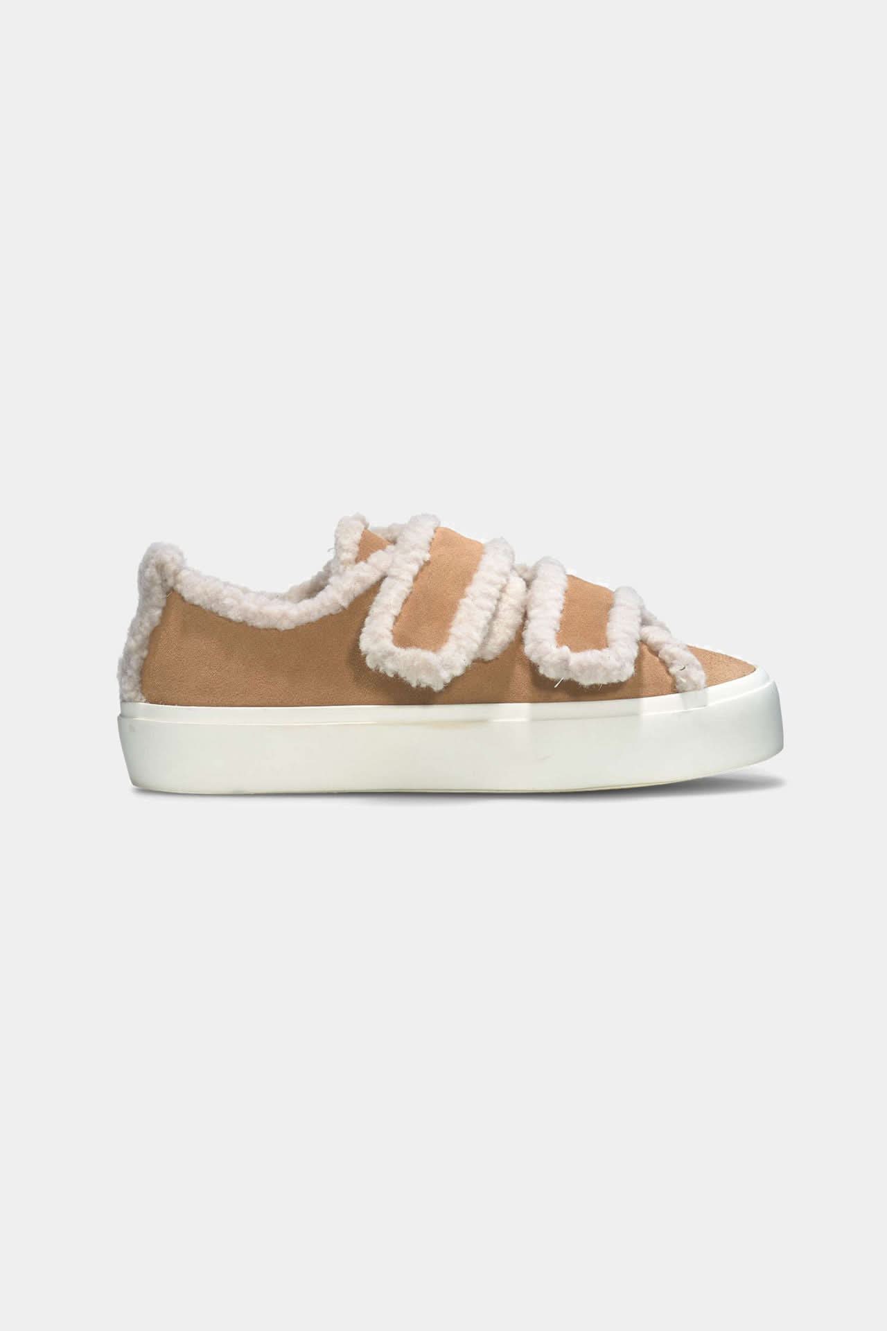 Beige Leather Shearling Low Velcro Winter Sneakers