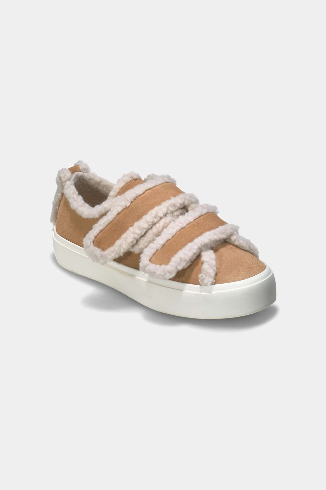 Beige Leather Shearling Low Velcro Winter Sneakers
