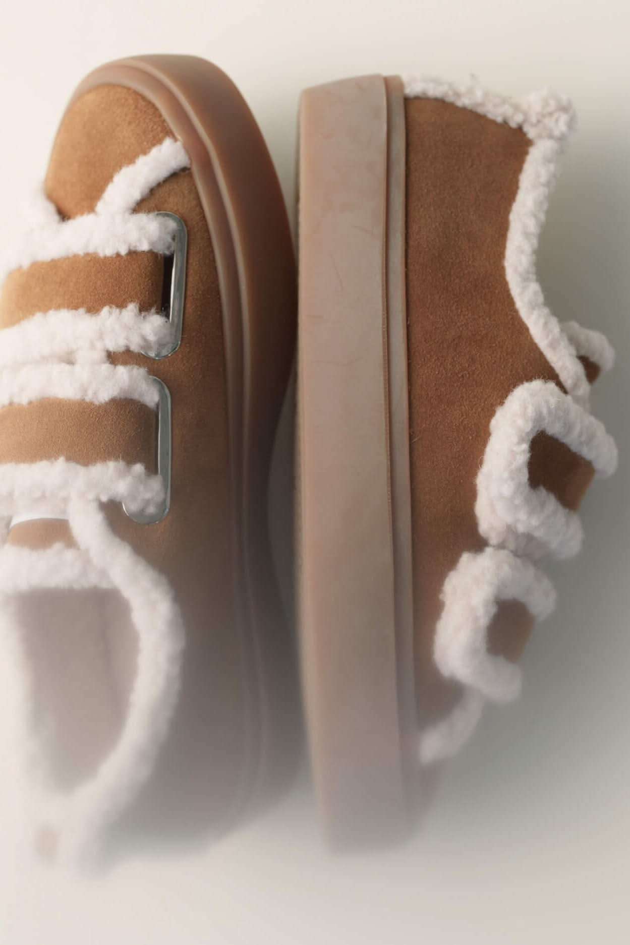 Beige Leather Shearling Low Velcro Winter Sneakers