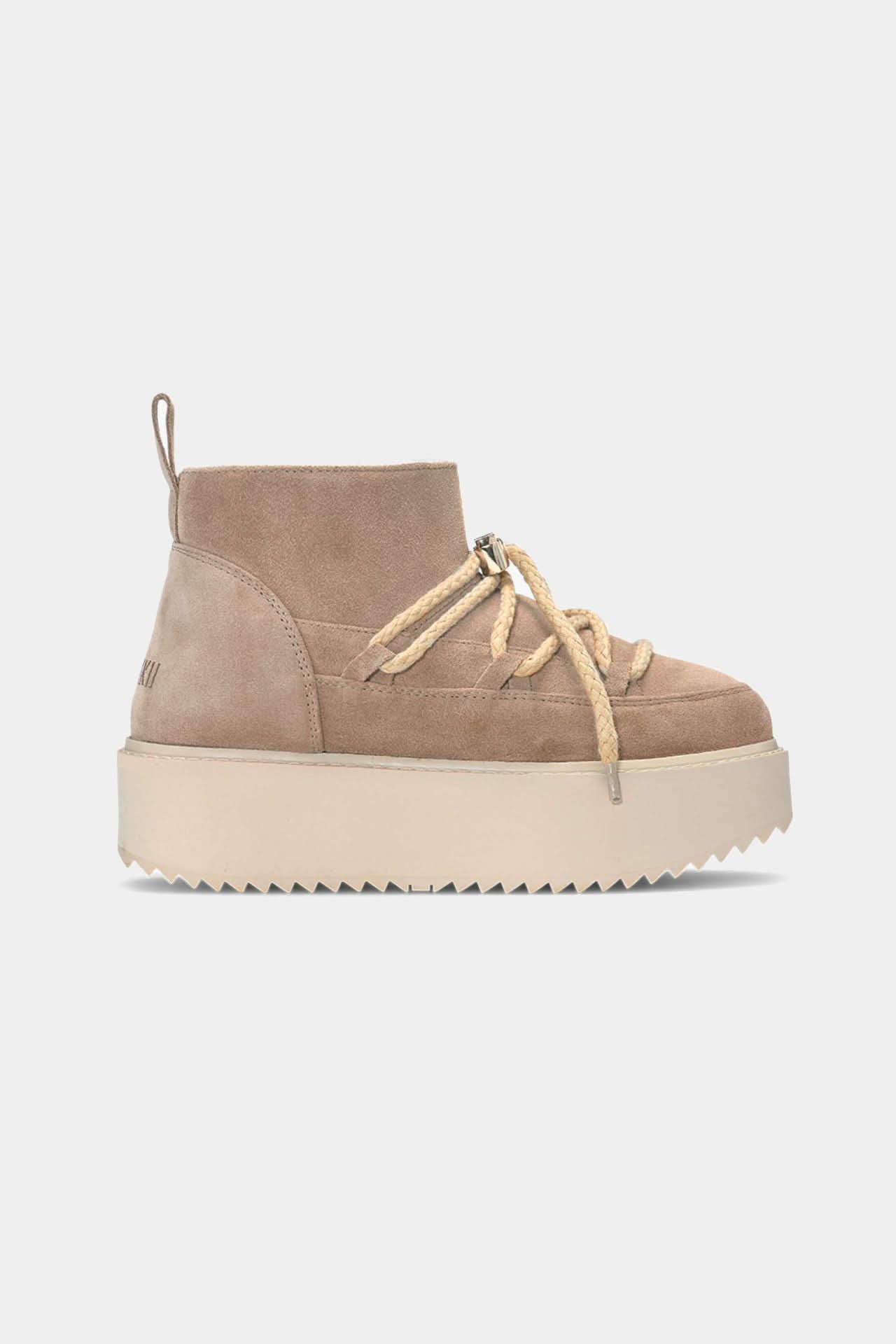 Beige Leather Classic Low Platform Winter Boots