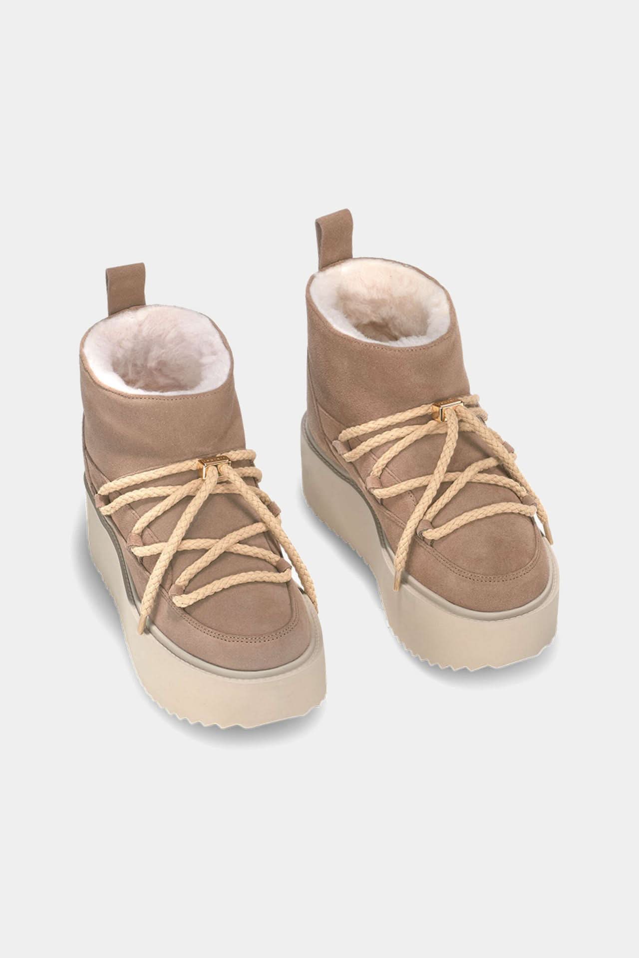 Beige Leather Classic Low Platform Winter Boots