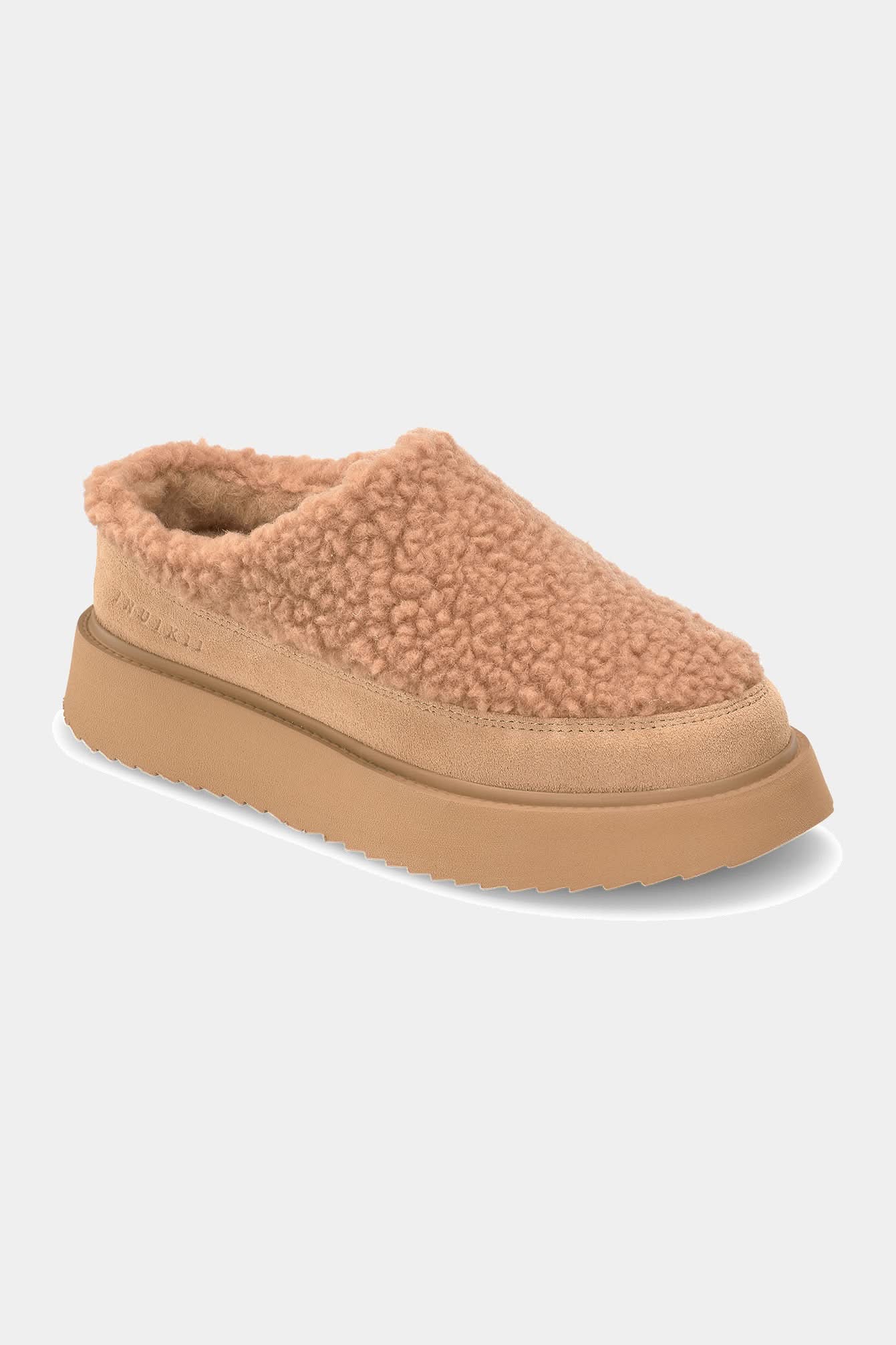 Beige Leather Curly Micro Winter Slides
