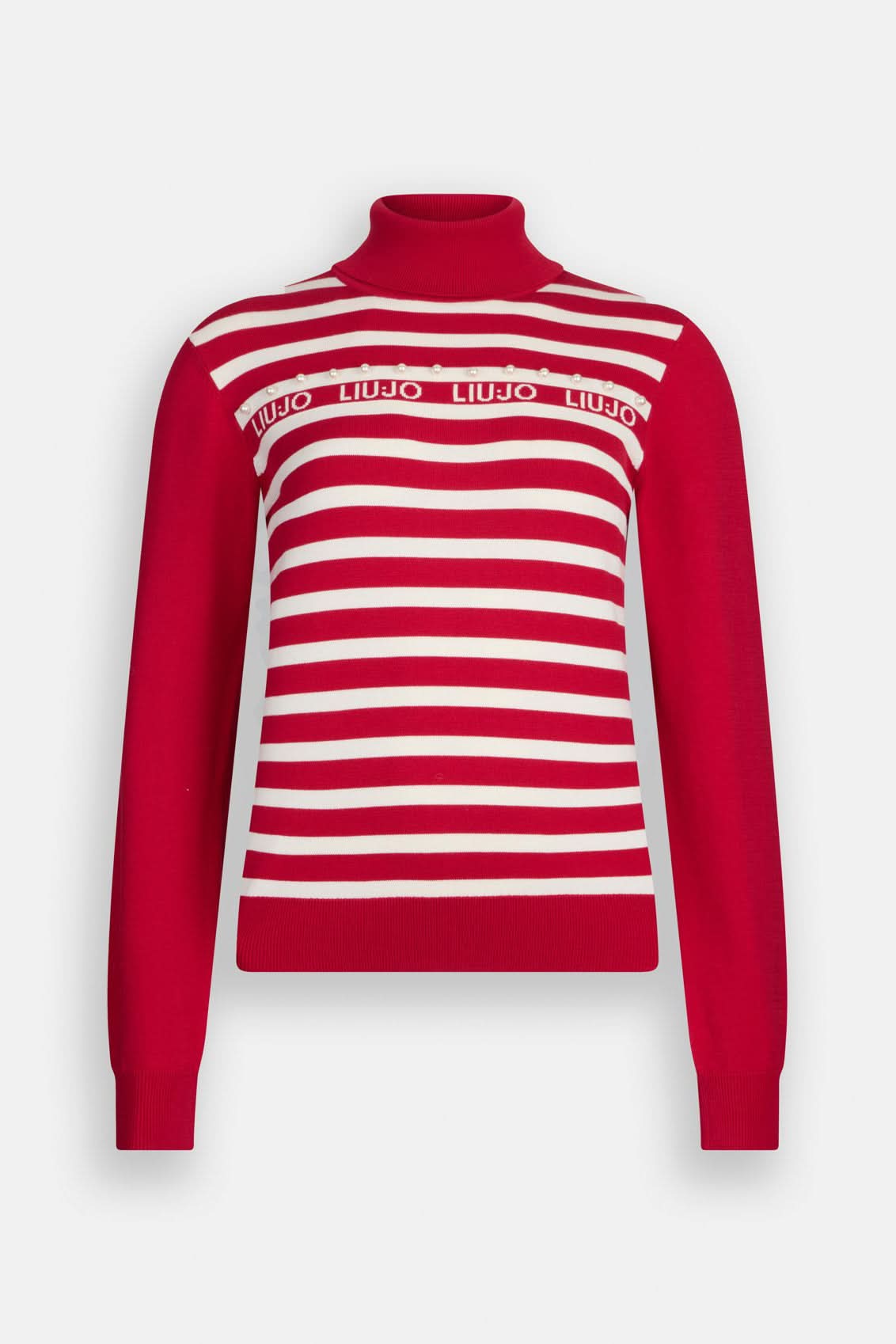 Czerwony sweter z golfem w paski