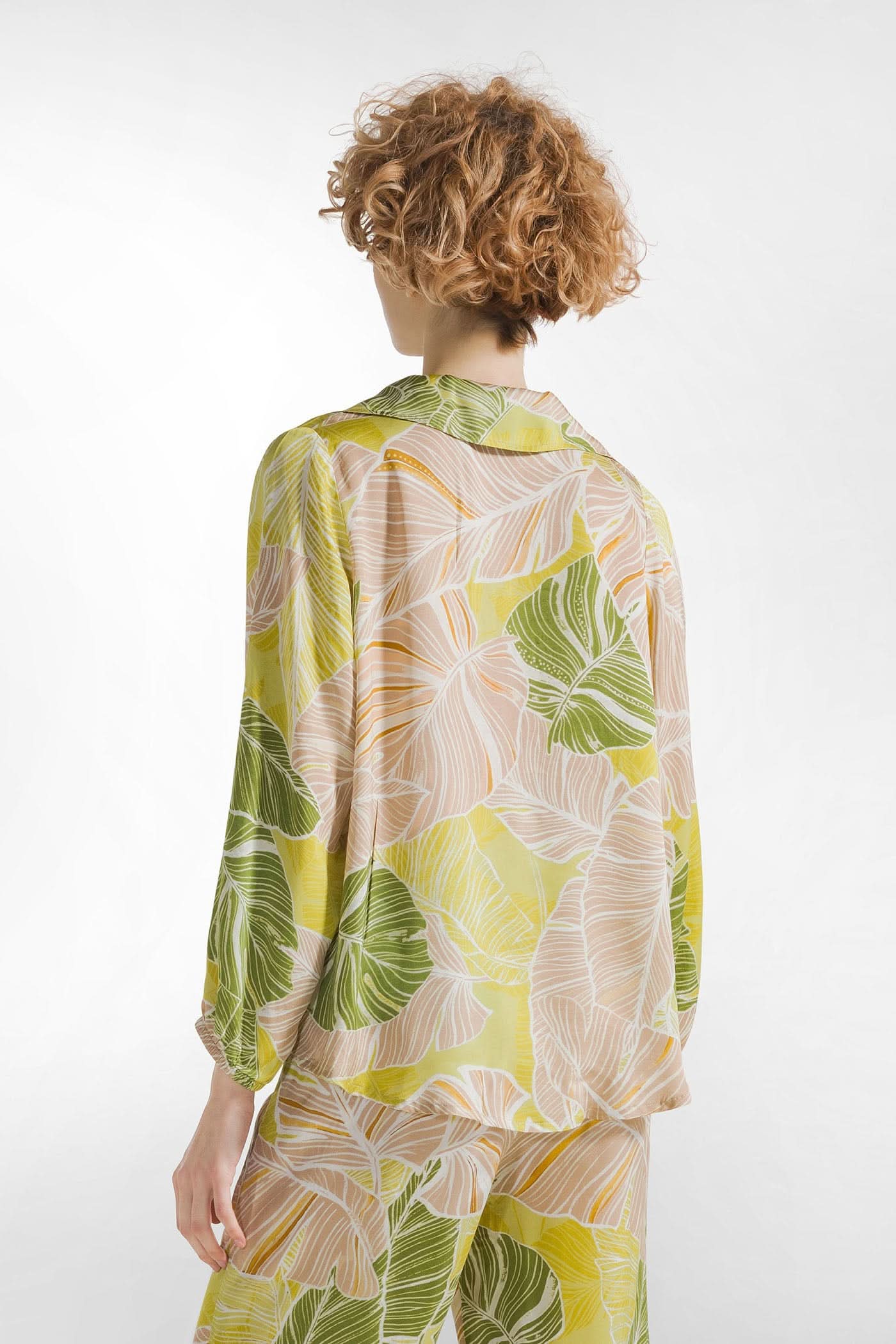 Beige satin women's shirt with print
