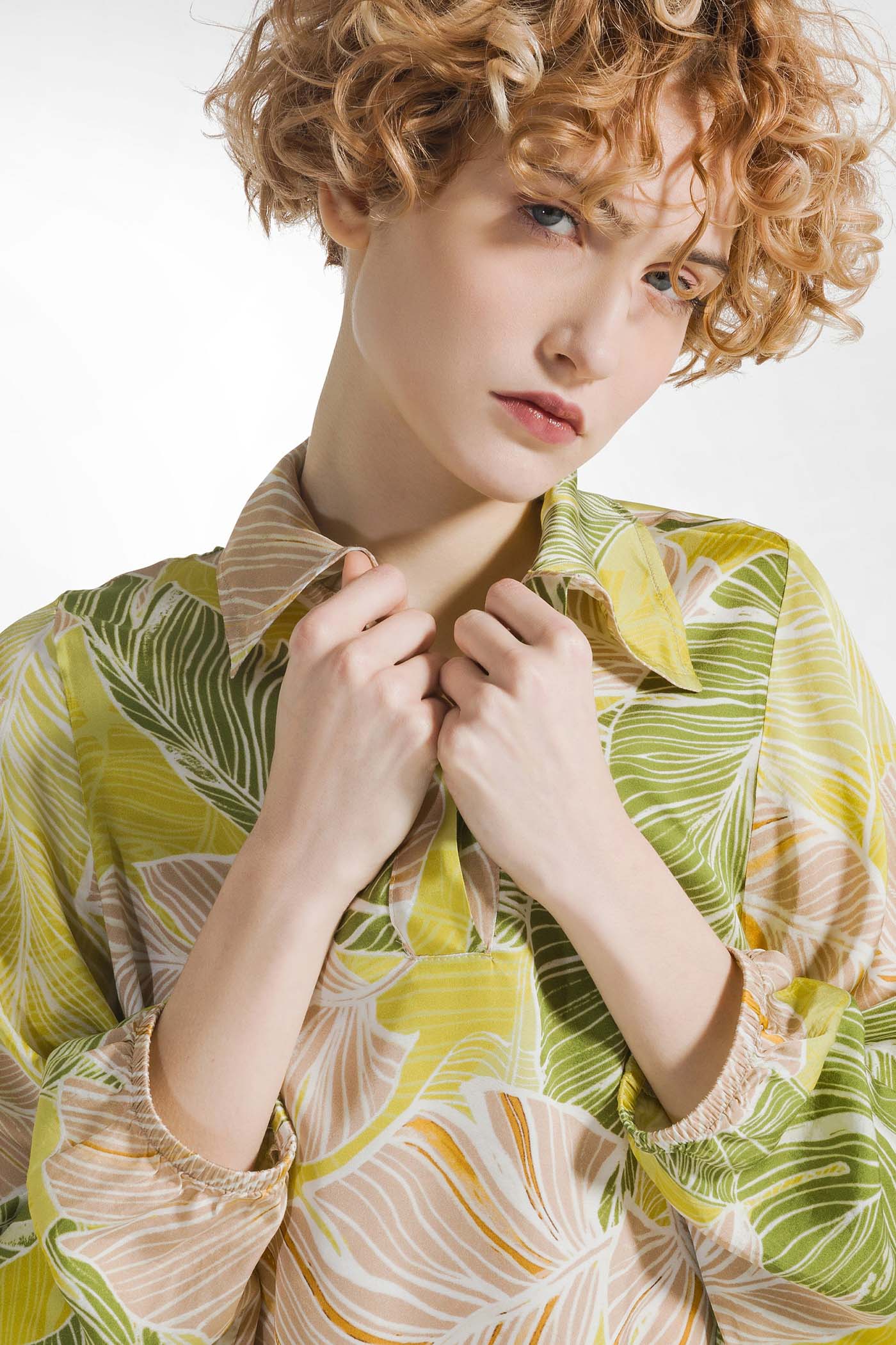 Beige satin women's shirt with print