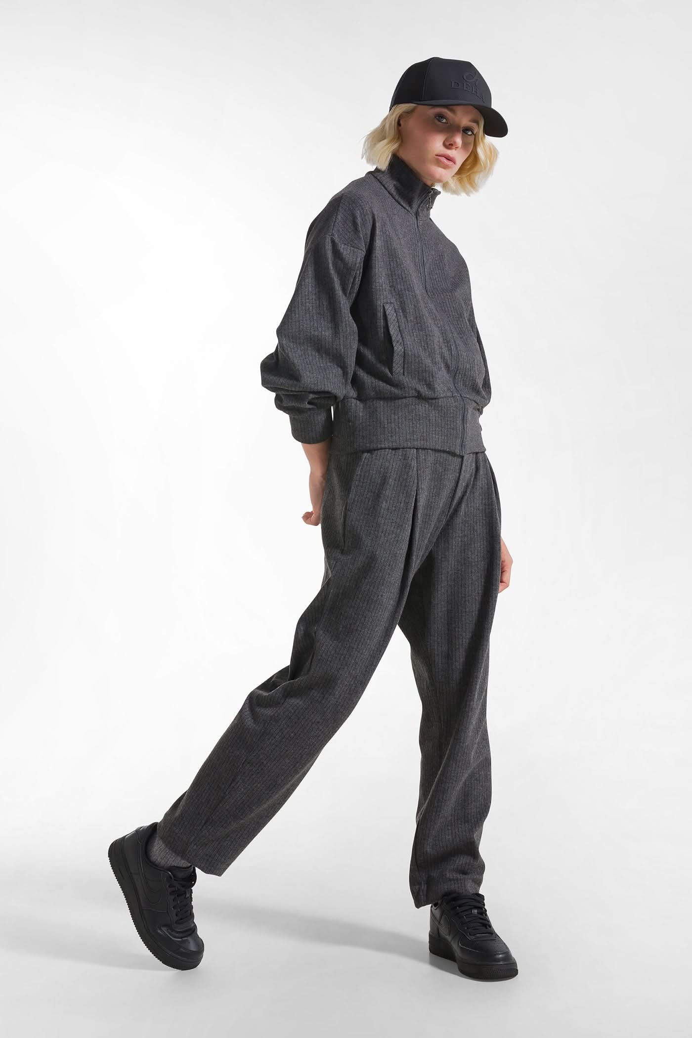 Gray striped sweatshirt with zipper