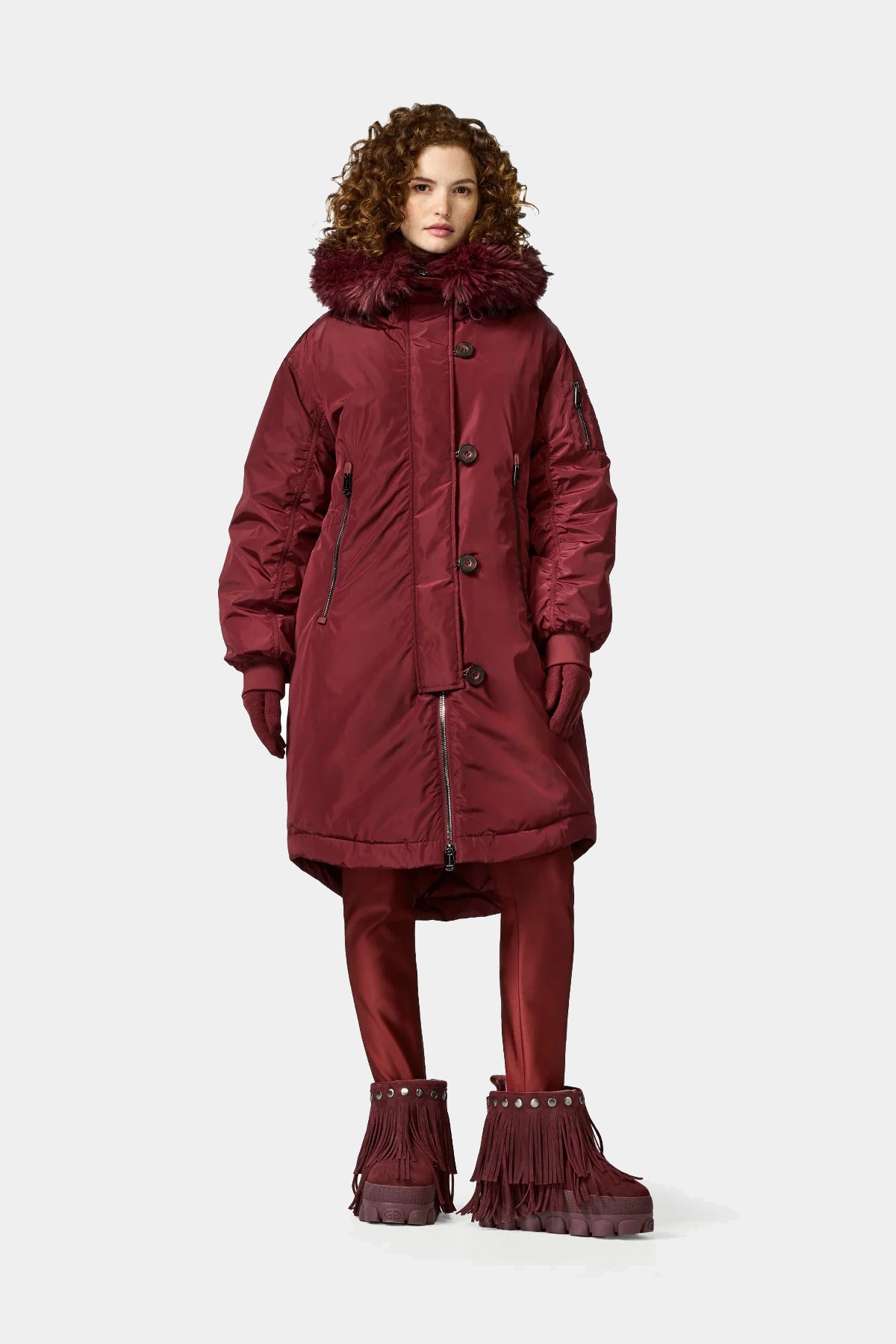 Burgundy down parka with fur trim JULIA jacket FAUX BORDER