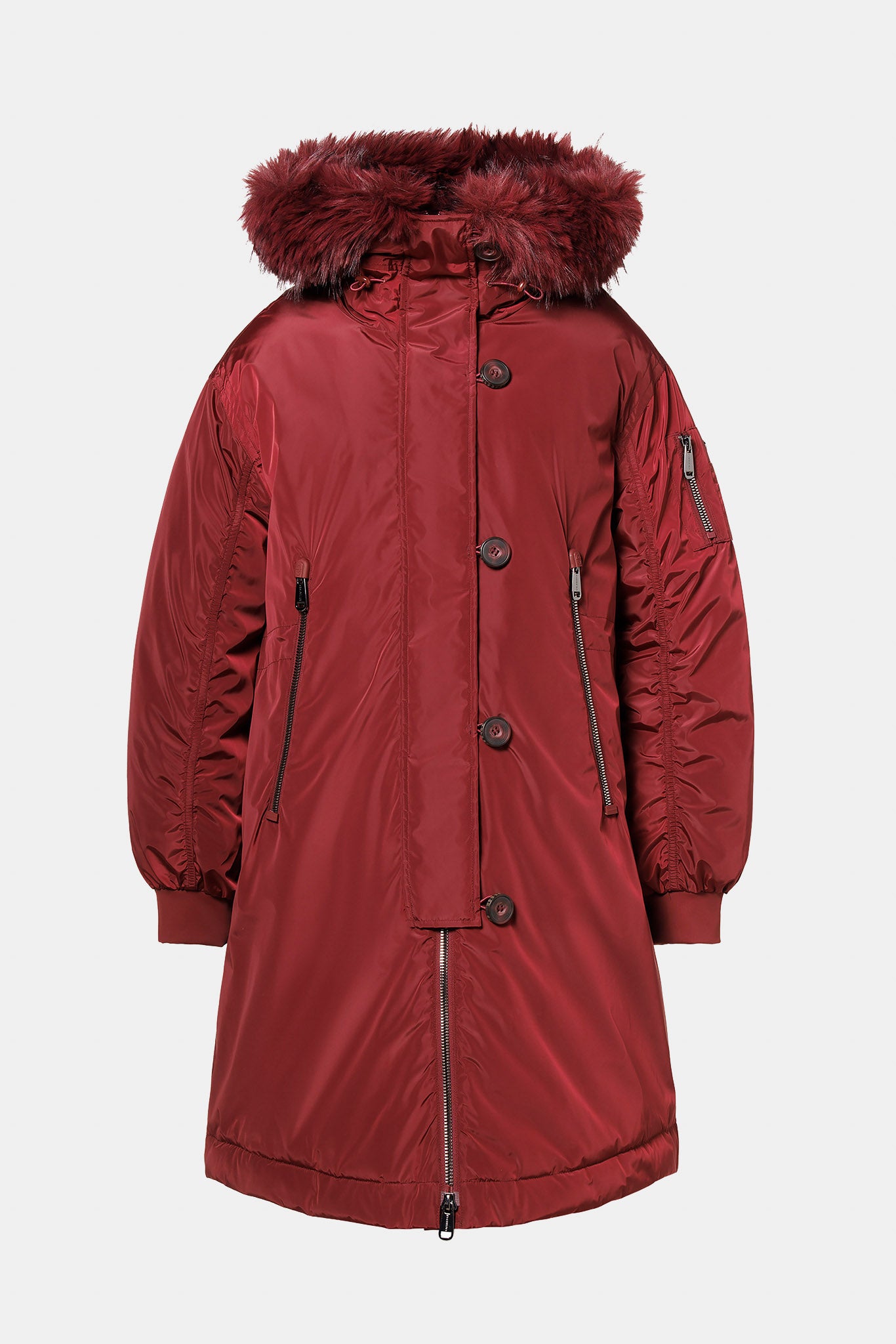 Burgundy down parka with fur trim JULIA jacket FAUX BORDER