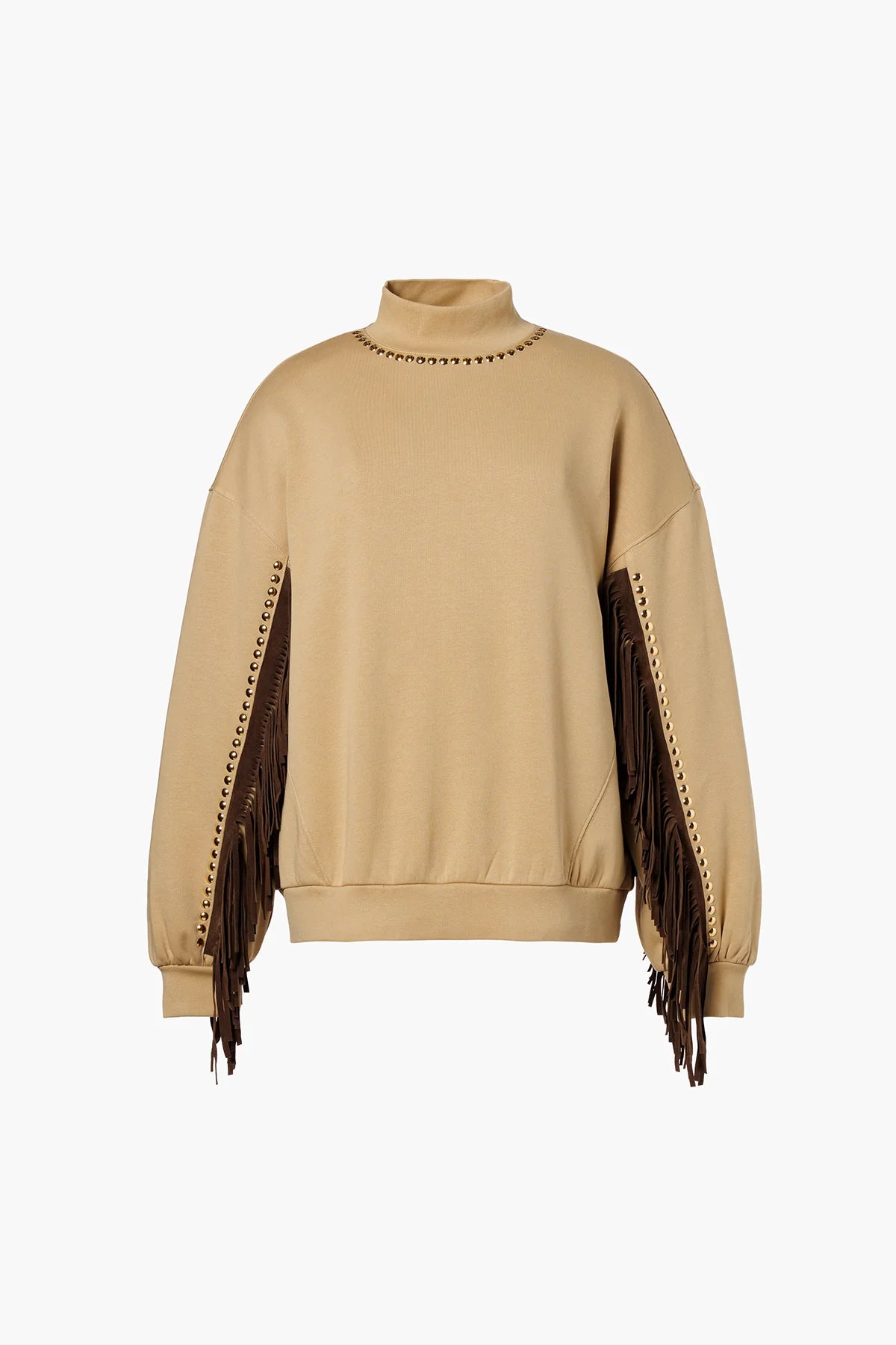 Beige women's sweatshirt with fringes FRENZY crew neck sweater