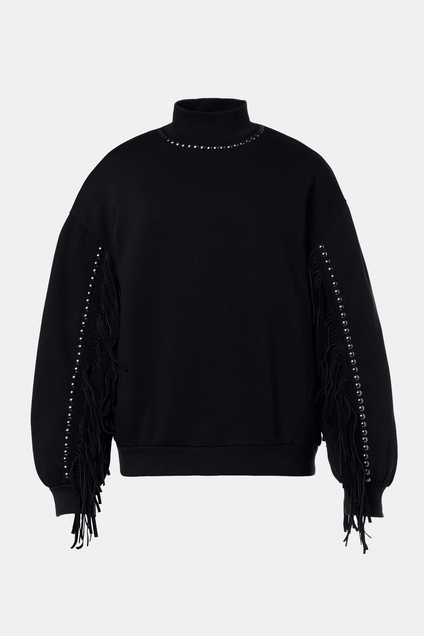 FRENZY crew neck sweater in black with fringes