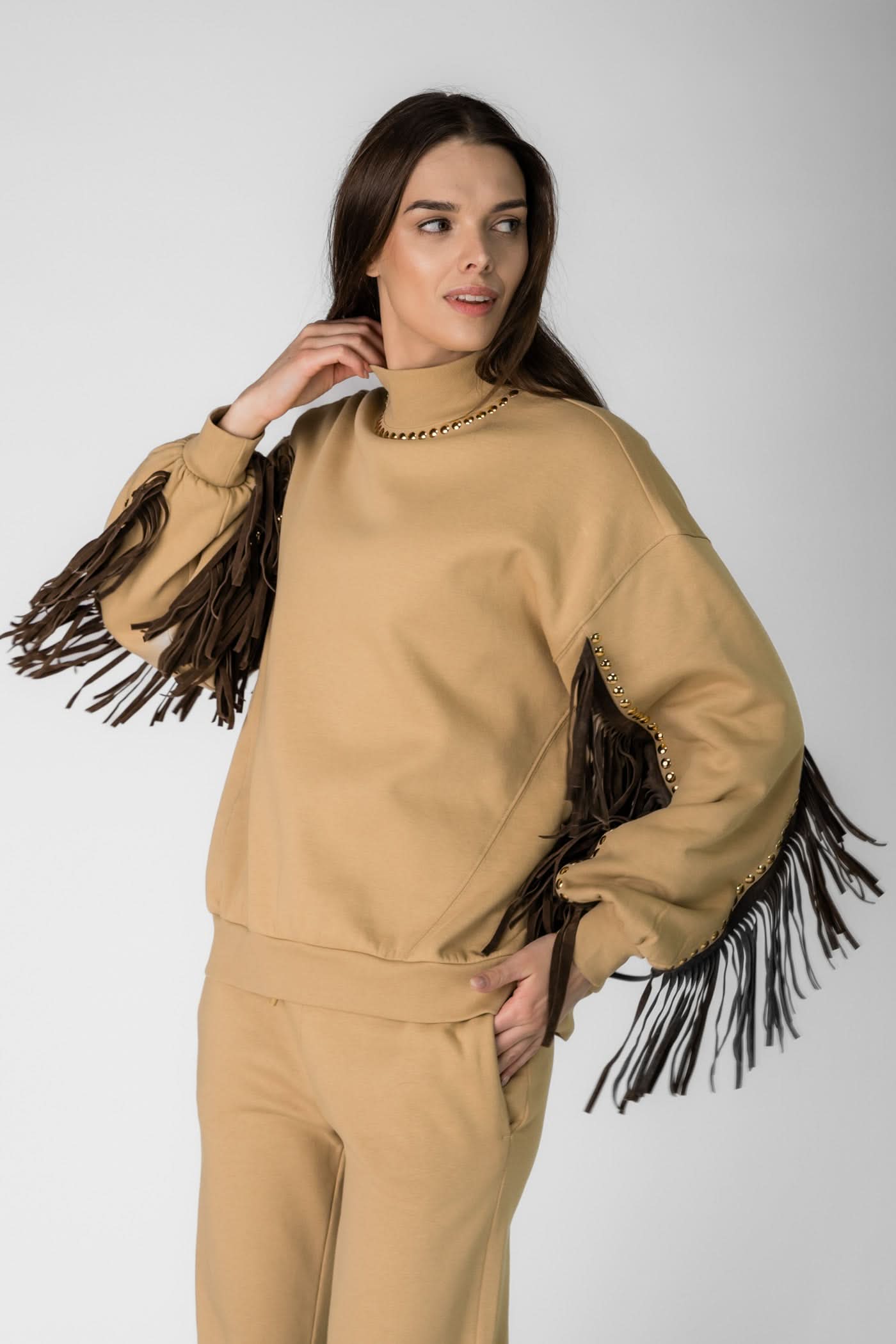 Beige women's sweatshirt with fringes FRENZY crew neck sweater
