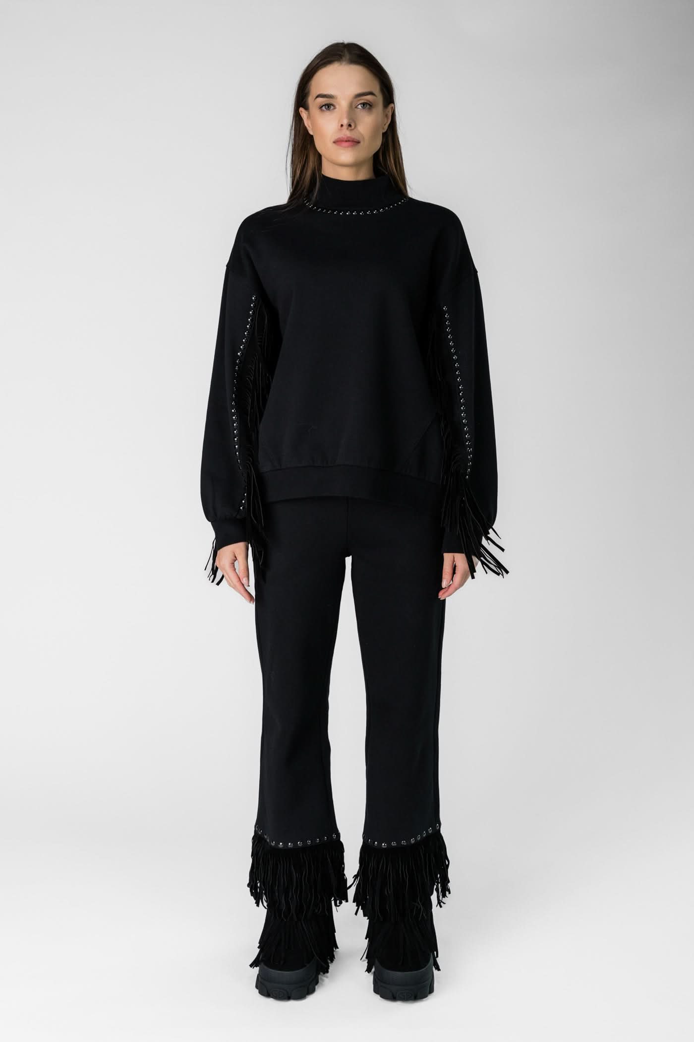 Czarna bluza damska z frędzlami FRENZY crew neck sweater