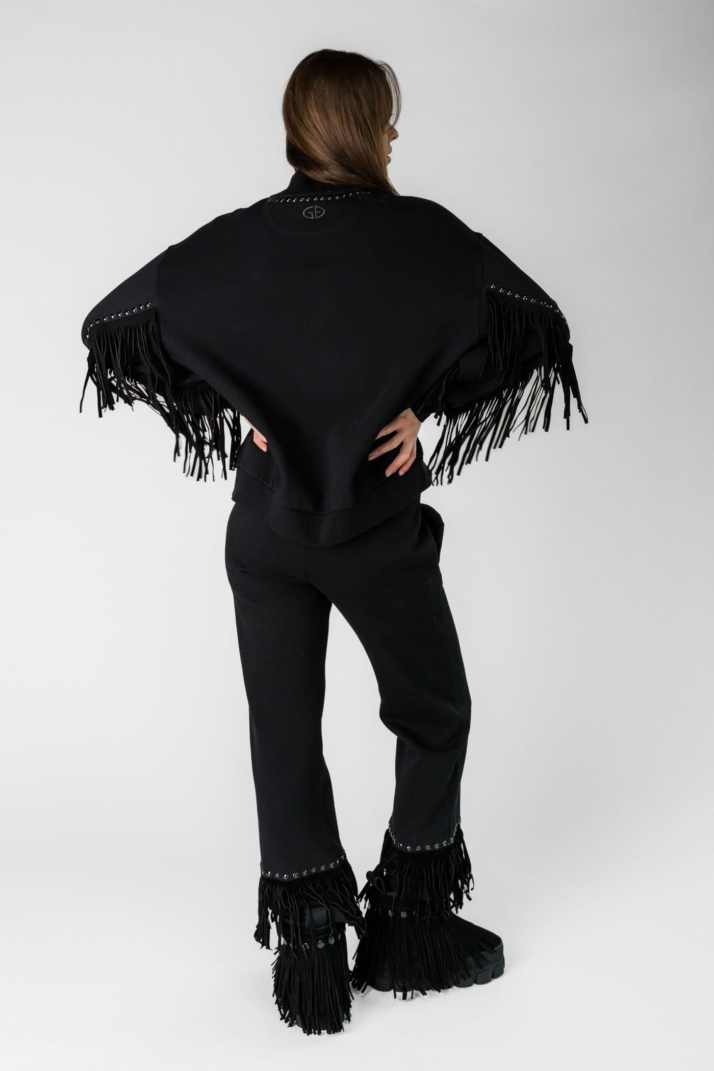 Czarne spodnie z frędzlami REIGN wide leg track pant