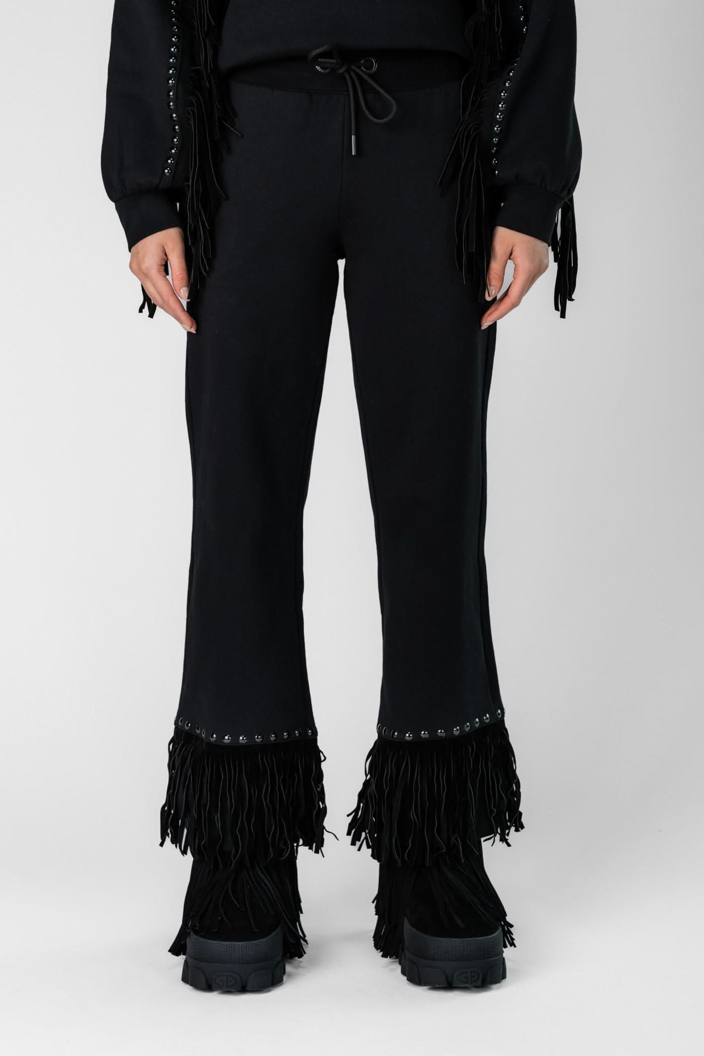 Czarne spodnie z frędzlami REIGN wide leg track pant