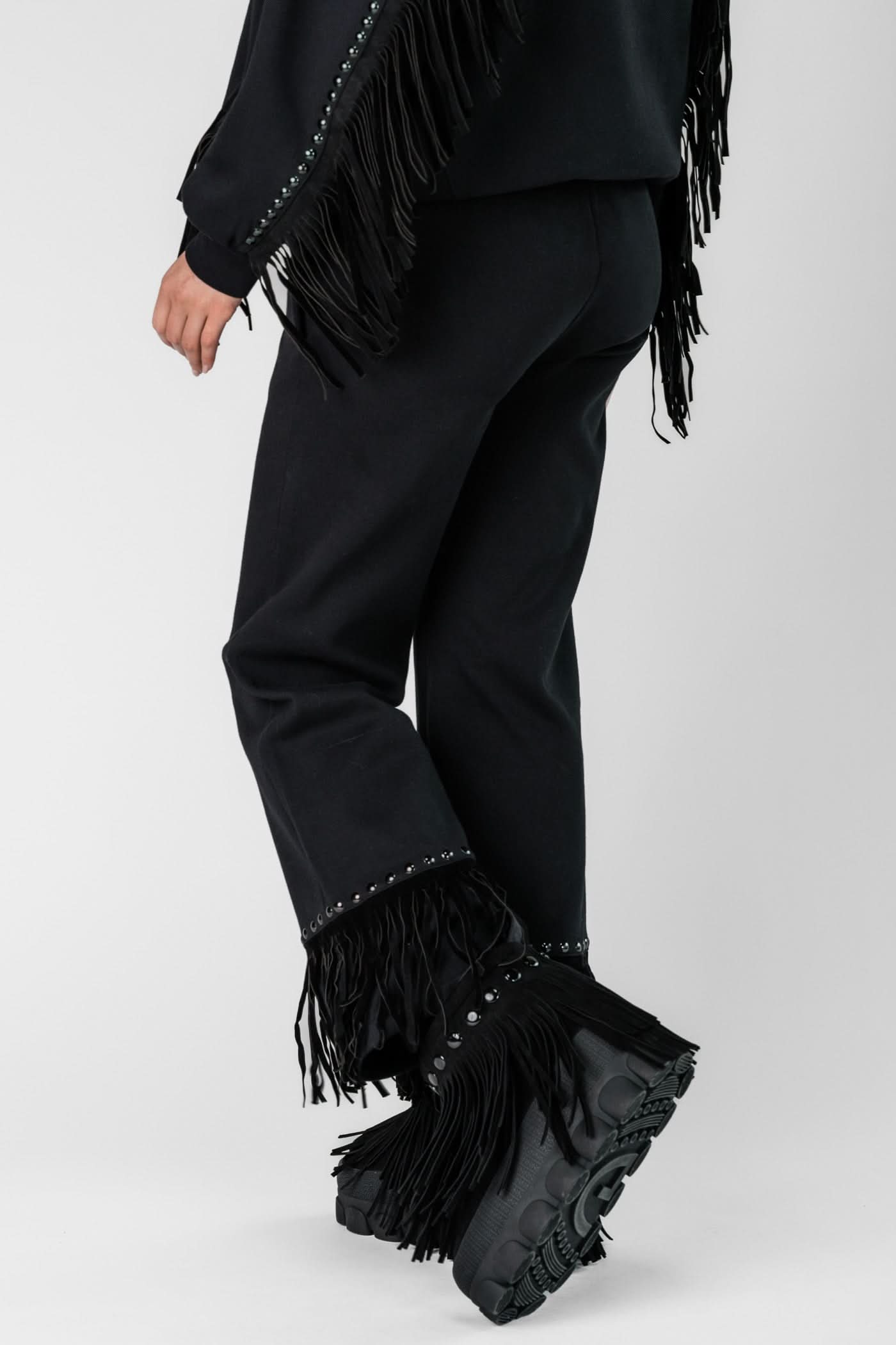 Czarne spodnie z frędzlami REIGN wide leg track pant