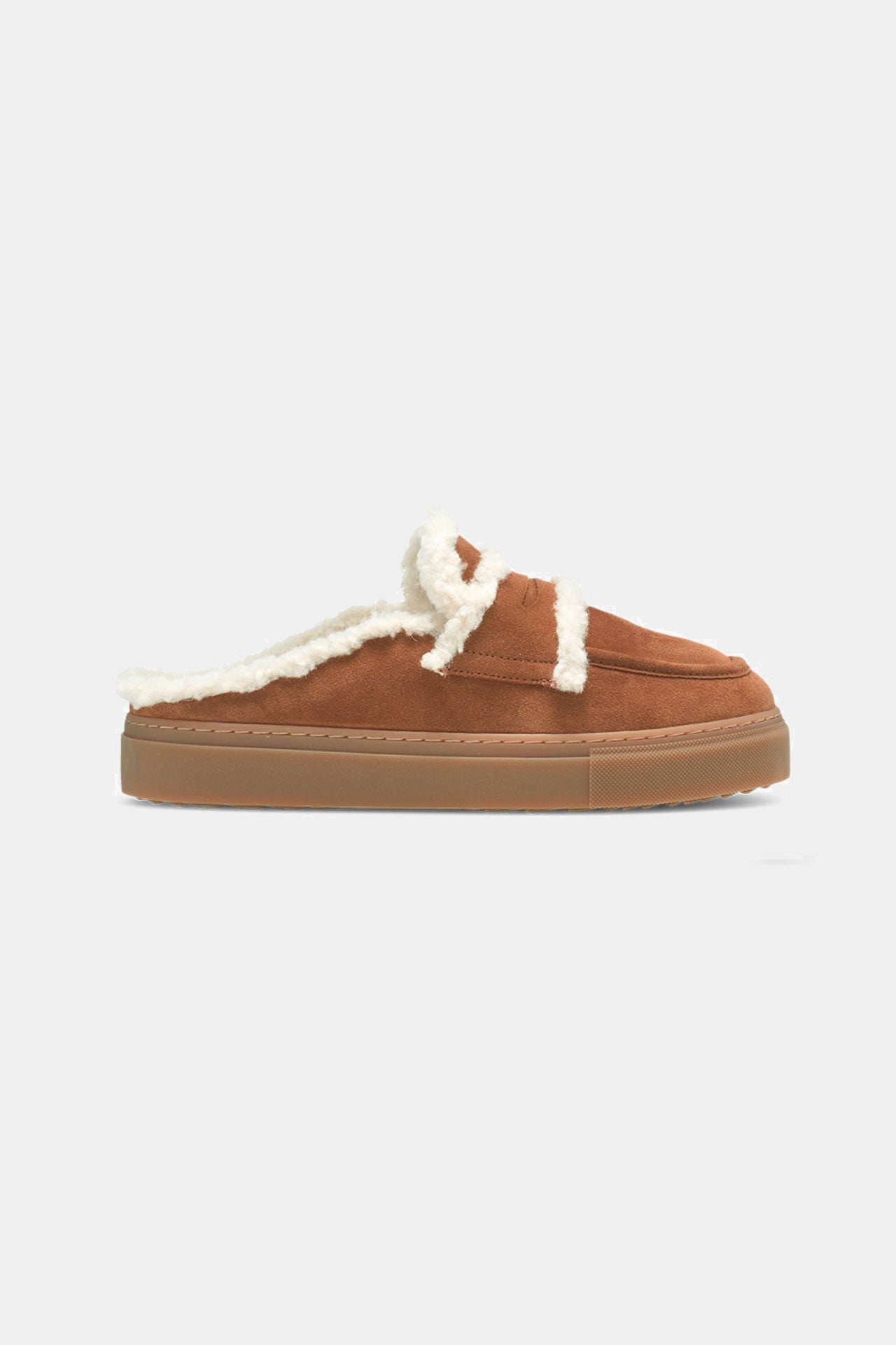 Brązowe skórzane klapki zimowe Mule Wool Sand