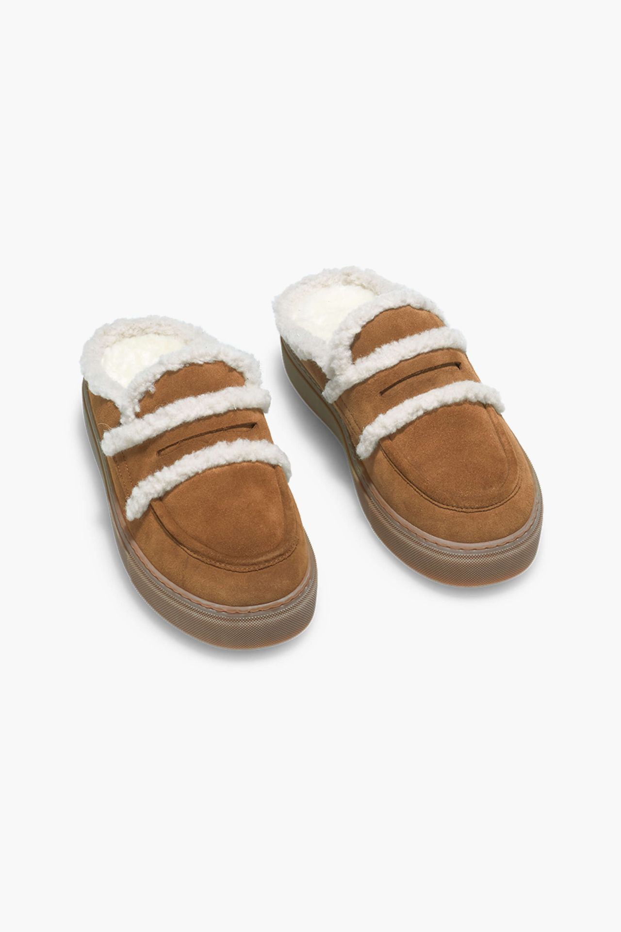 Brązowe skórzane klapki zimowe Mule Wool Sand