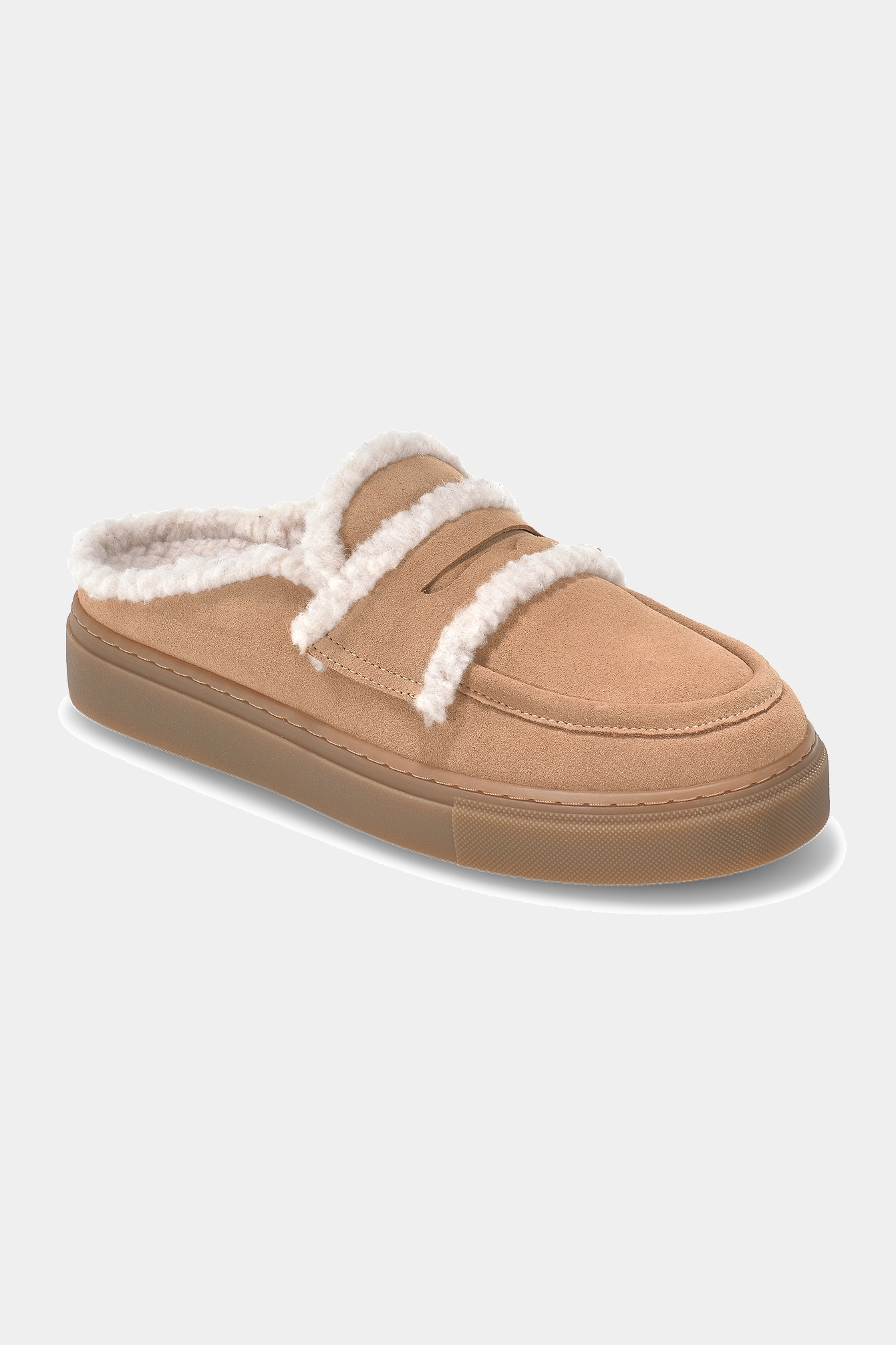 Beżowe skórzane klapki zimowe Mule Wool Sand