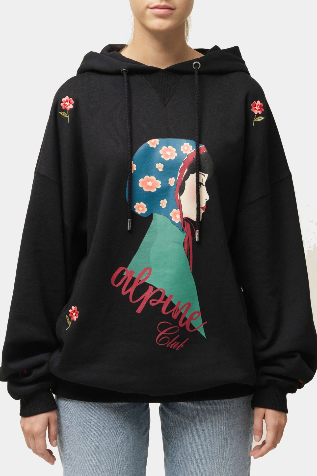 Czarna bluza damska z kapturem Oversized Embroidered