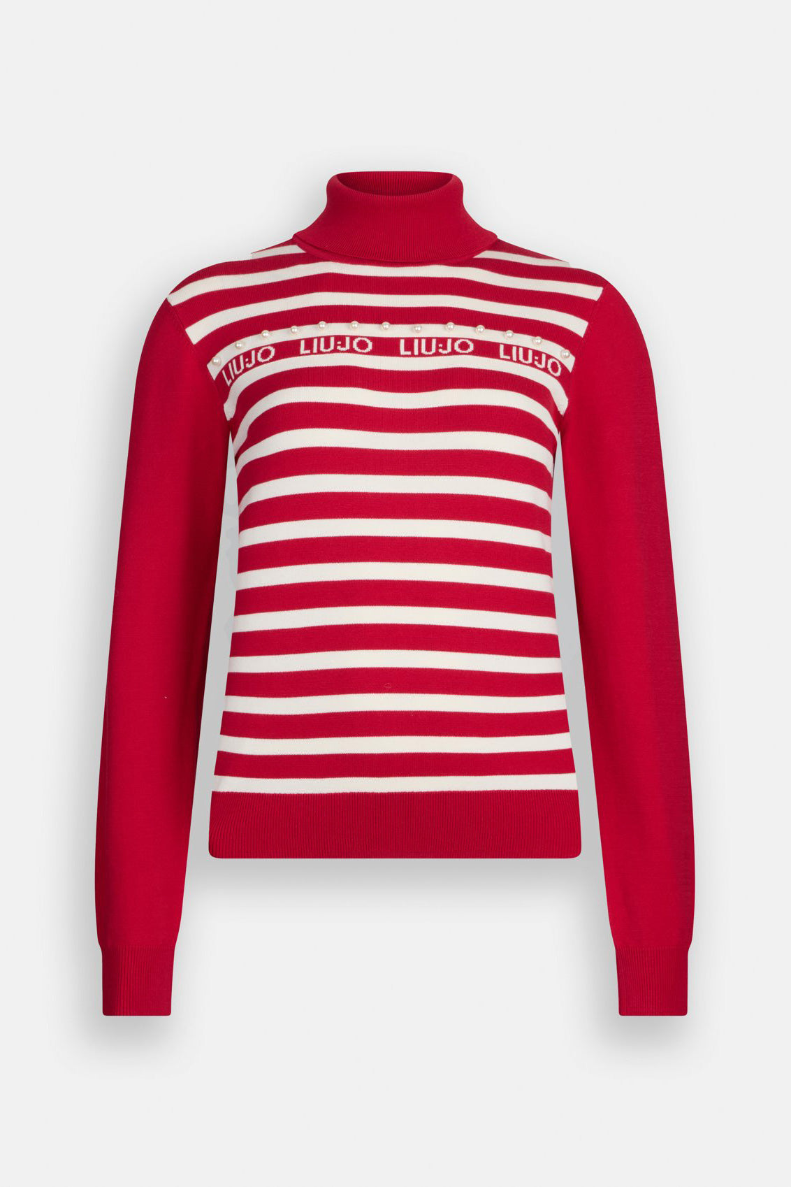 Czerwony sweter z golfem w paski