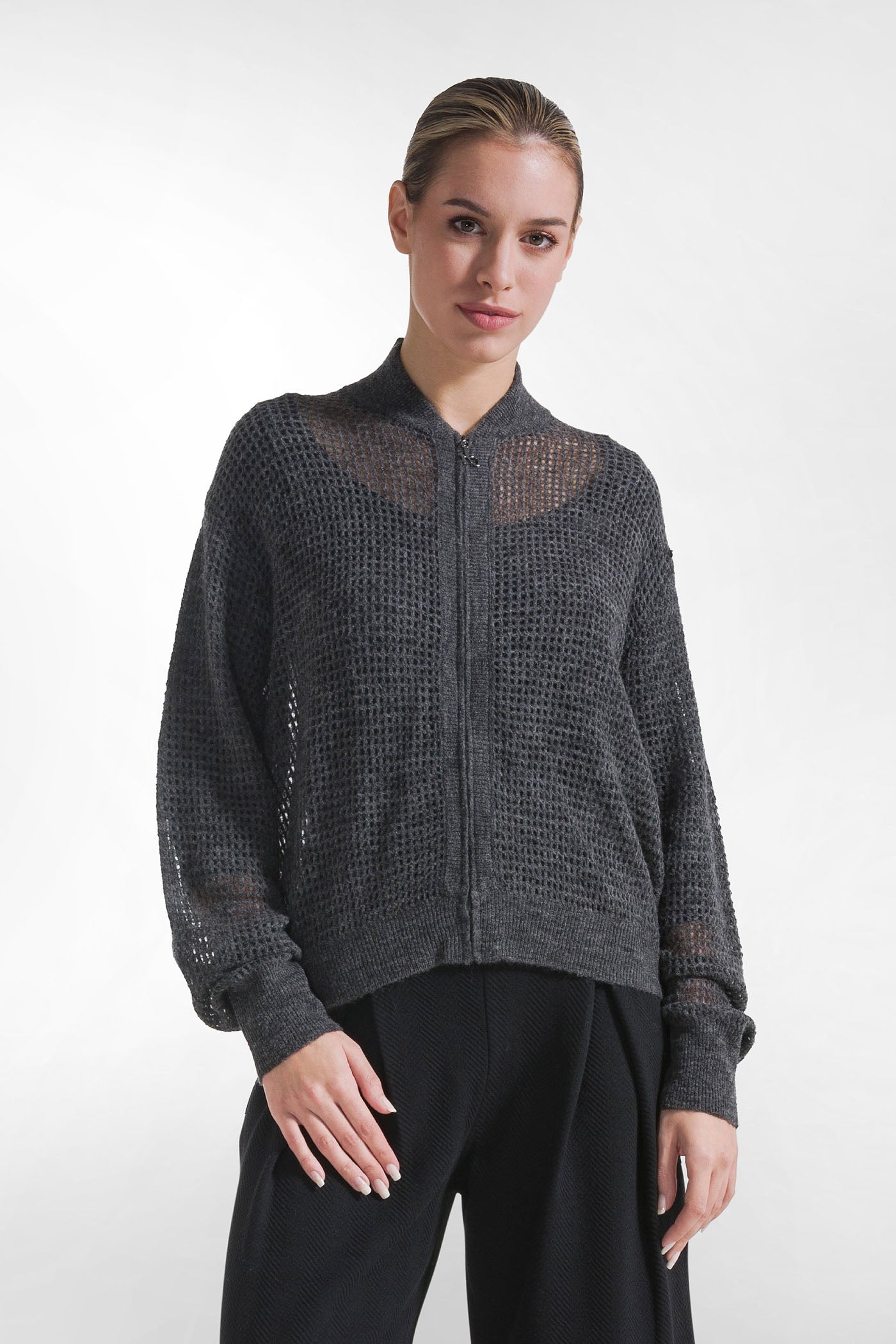 Gray wool blend cardigan with zipper