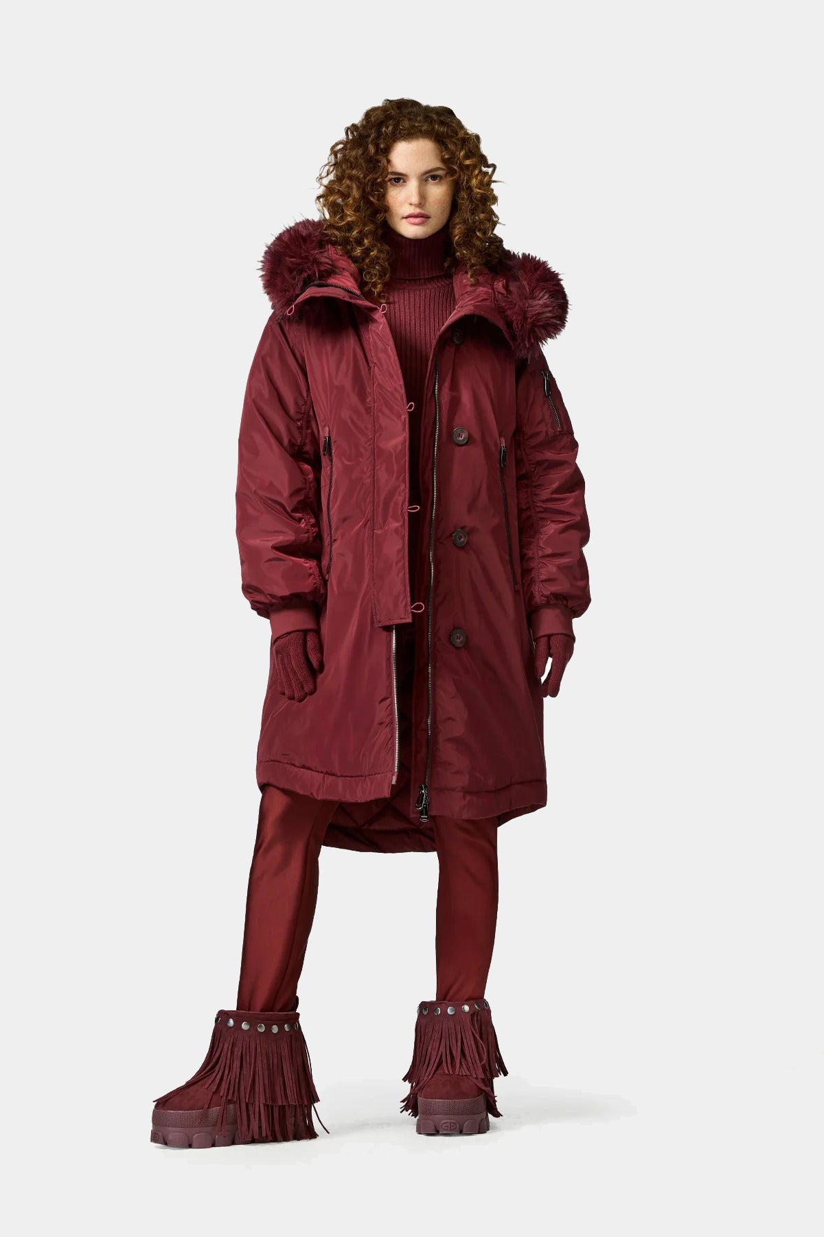Bordowa parka puchowa z futrzanym obszyciem JULIA jacket FAUX BORDER