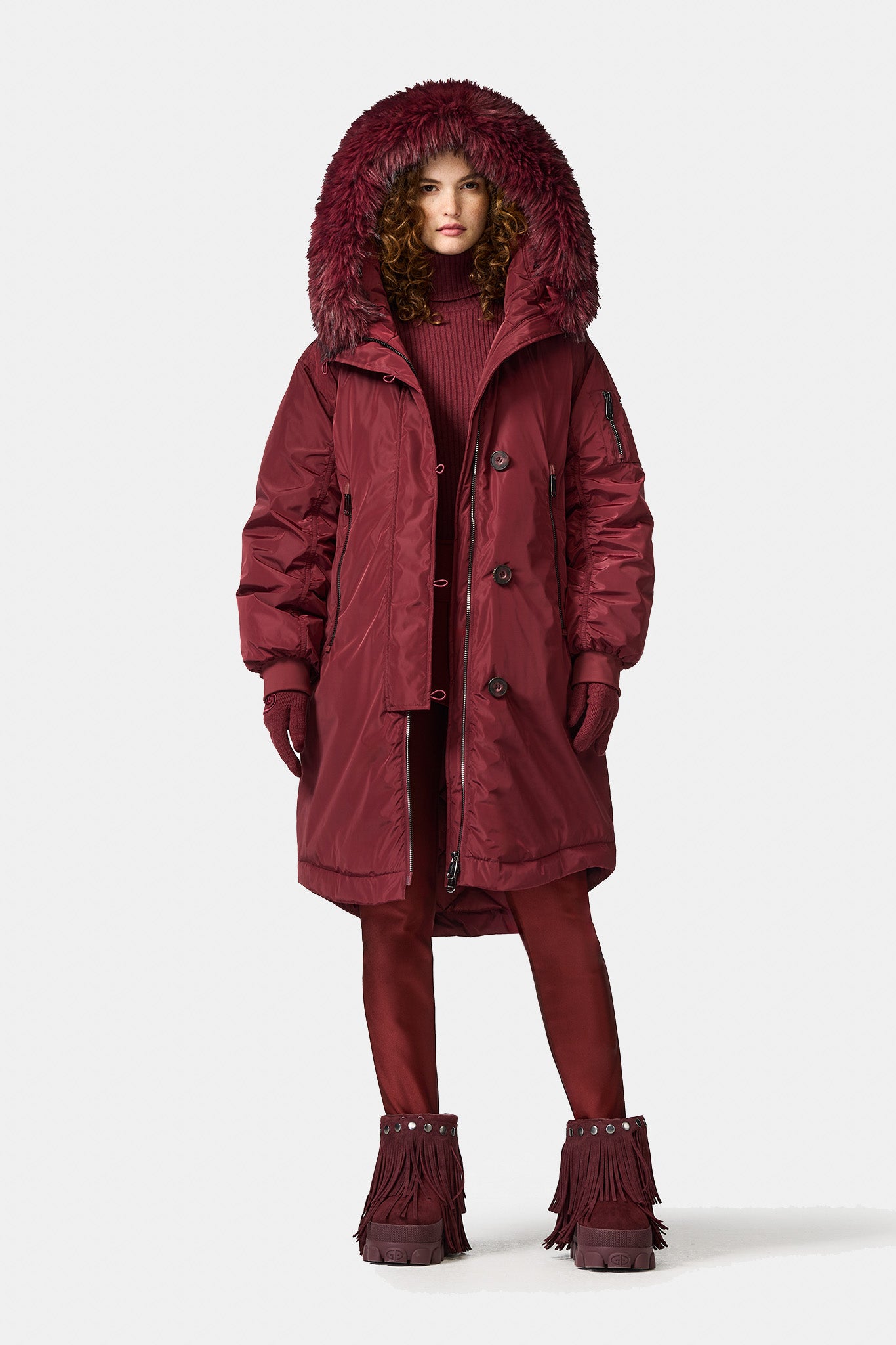 Bordowa parka puchowa z futrzanym obszyciem JULIA jacket FAUX BORDER