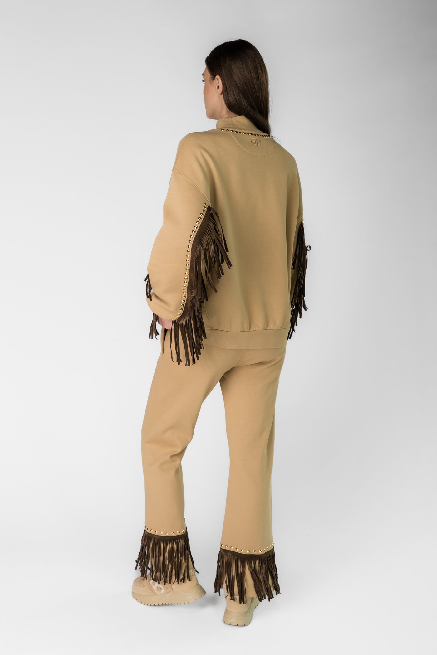 Beige women's sweatshirt with fringes FRENZY crew neck sweater