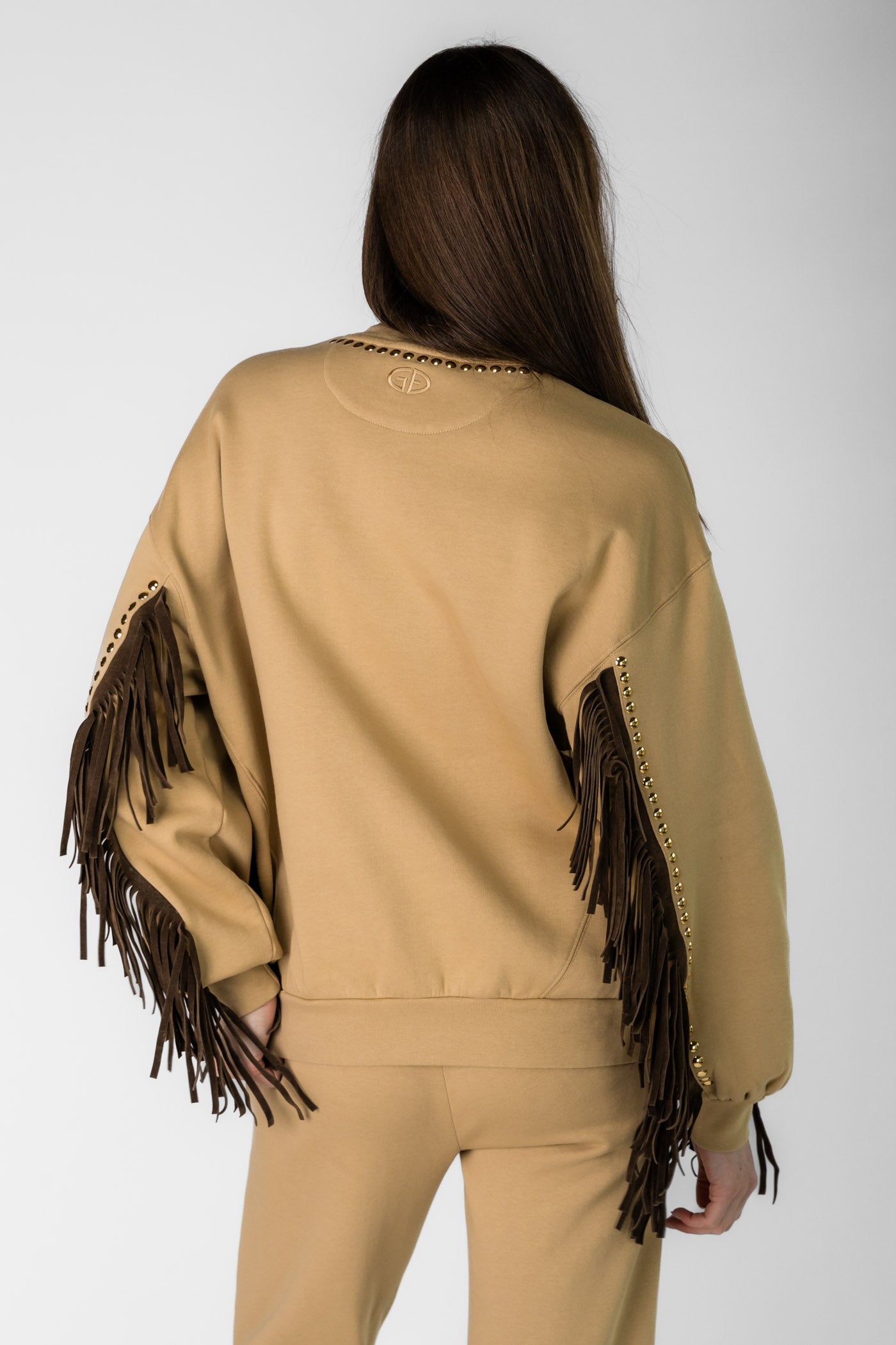 Beige women's sweatshirt with fringes FRENZY crew neck sweater
