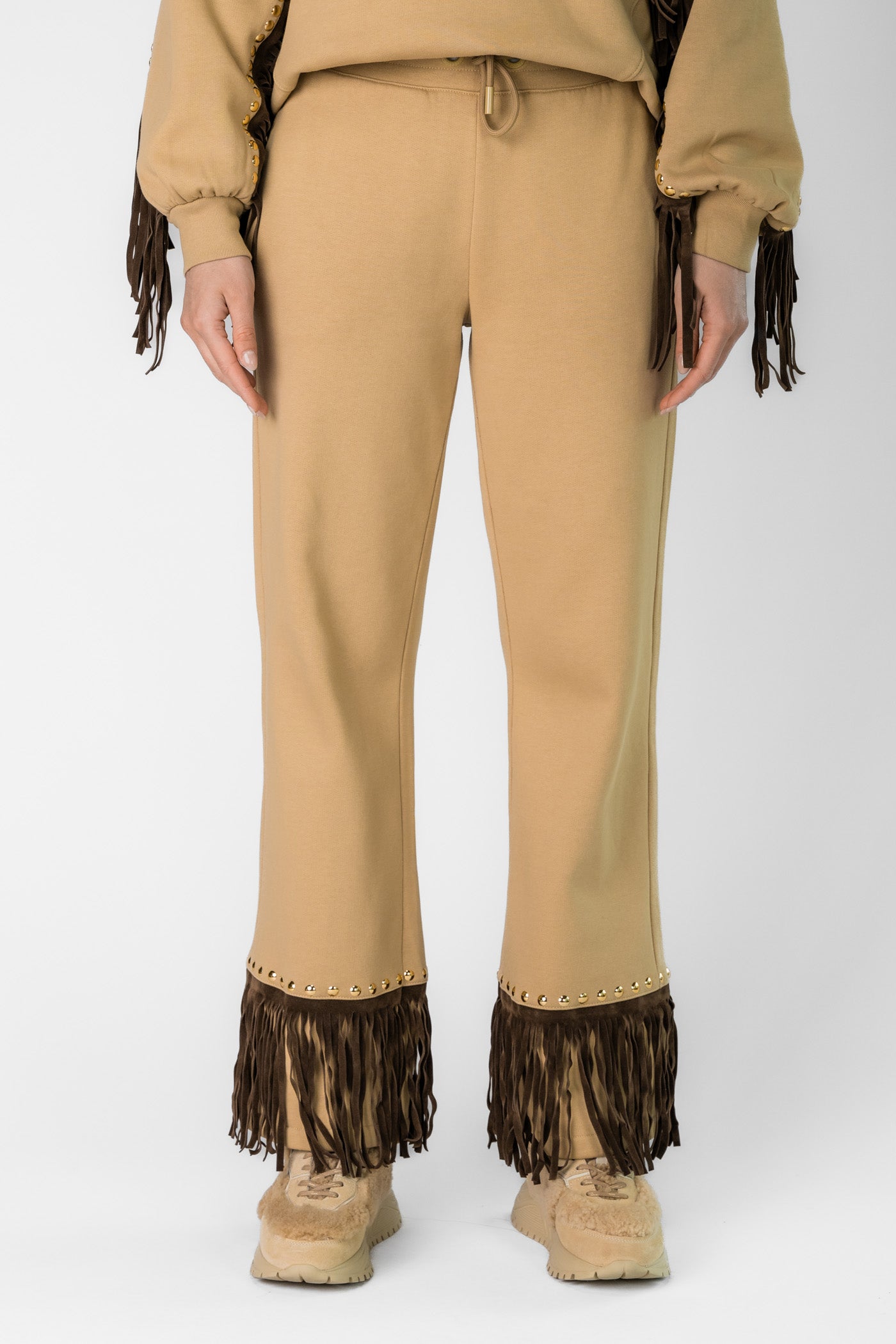 Beige fringed REIGN wide leg track pant