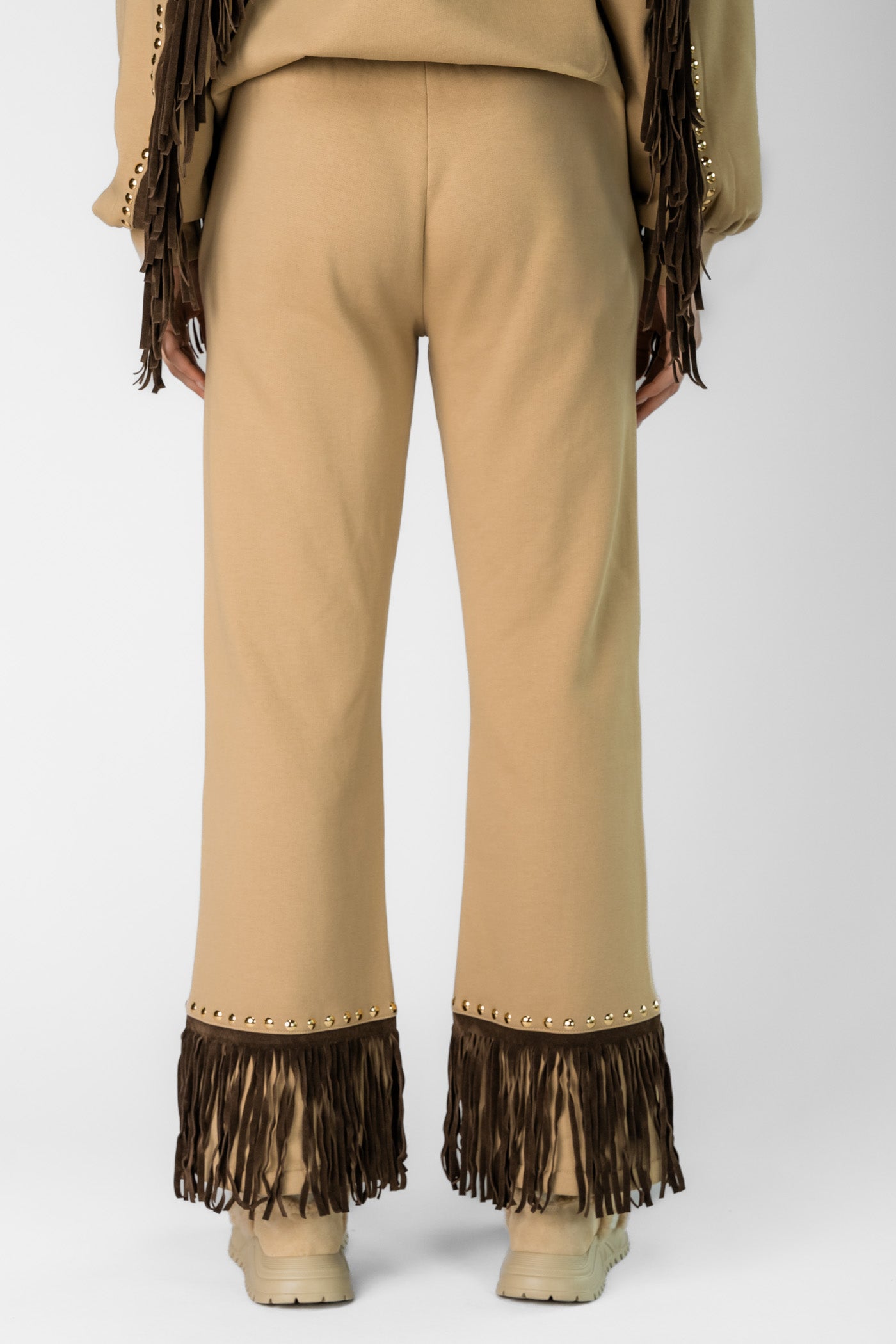 Beżowe spodnie z frędzlami REIGN wide leg track pant