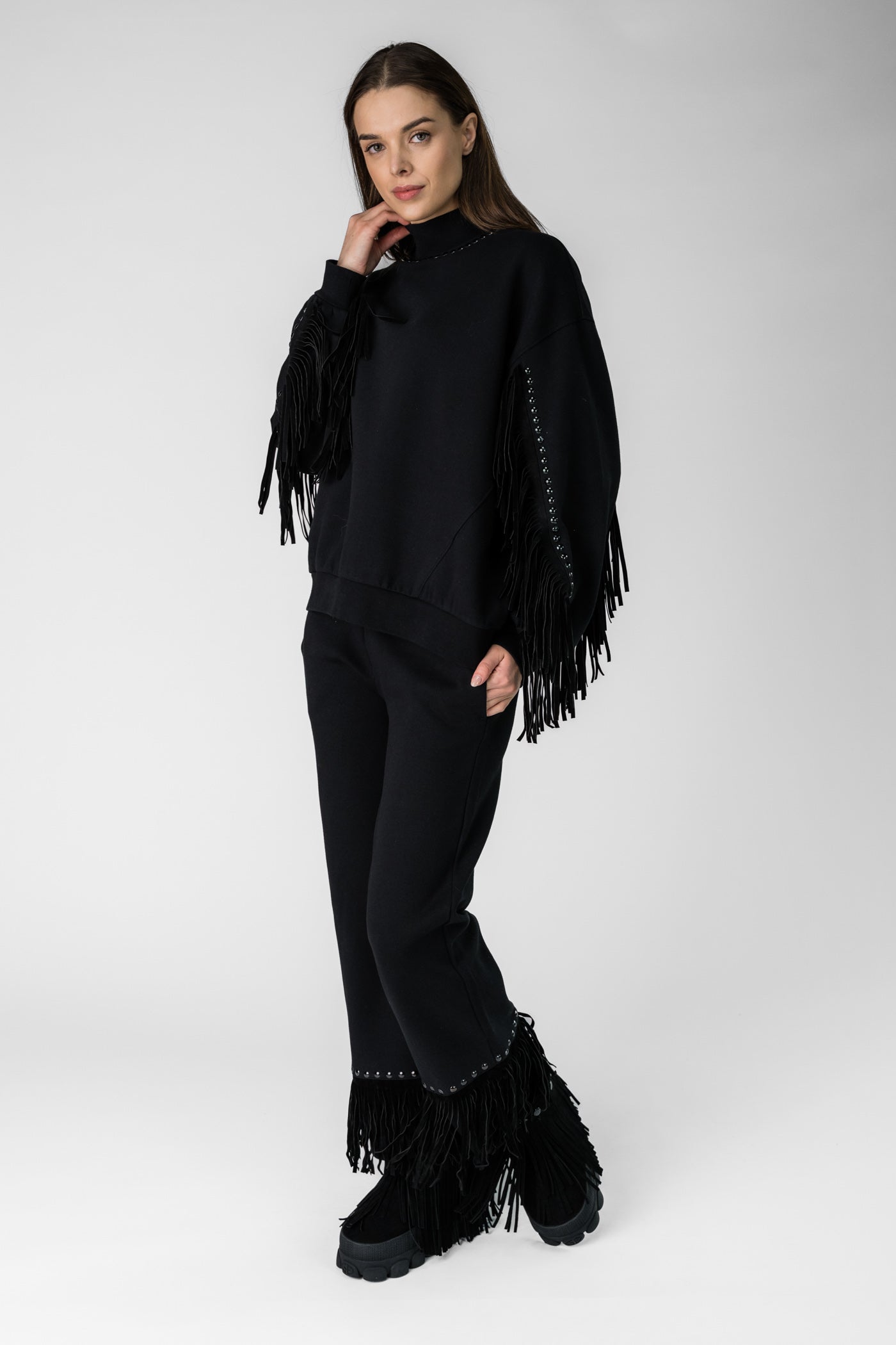 REIGN wide leg track pant black fringe pants